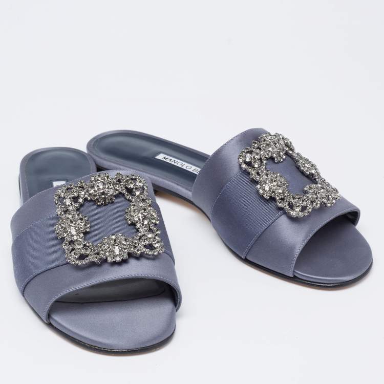 Pre Owned Manolo Blahnik Blue-Grey Satin Martamod Flat Slides Size 38