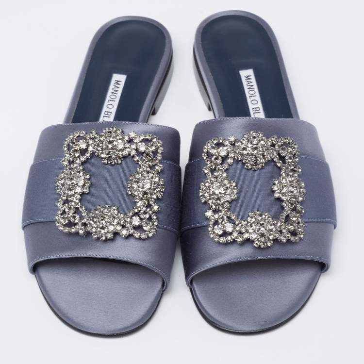 Pre Owned Manolo Blahnik Blue-Grey Satin Martamod Flat Slides Size 38