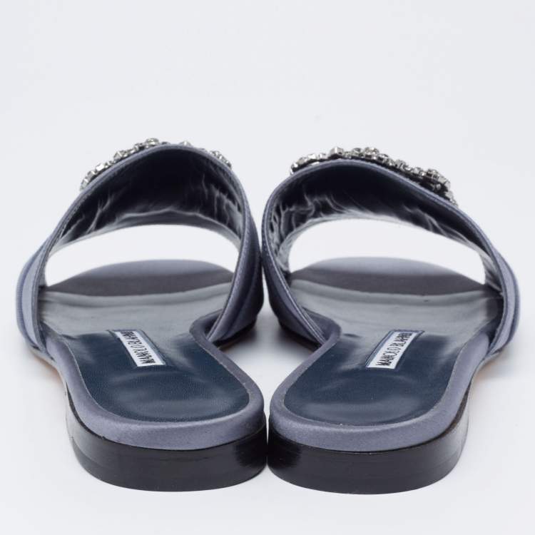 Pre Owned Manolo Blahnik Blue-Grey Satin Martamod Flat Slides Size 38