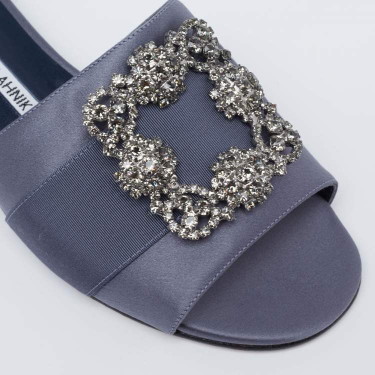Pre Owned Manolo Blahnik Blue-Grey Satin Martamod Flat Slides Size 38