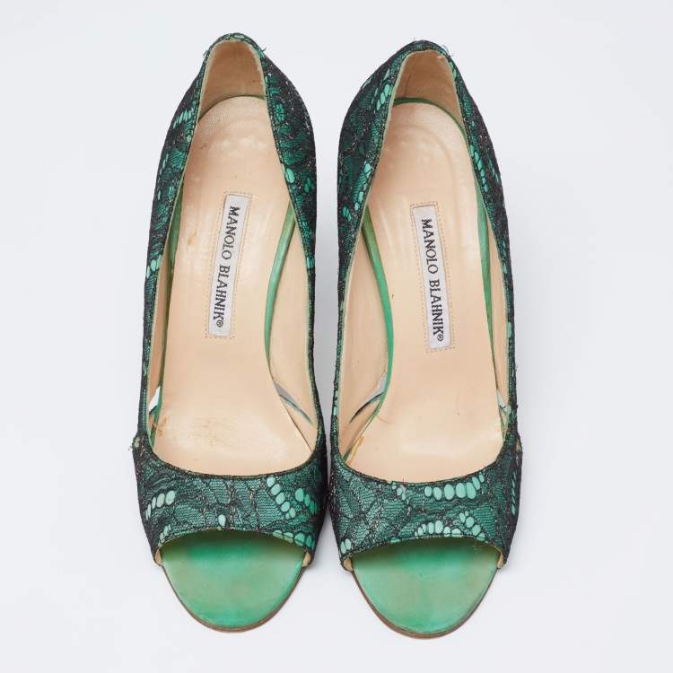 Pre Owned Manolo Blahnik Black/Green Lace and Leather Open-Toe Pumps Size 38.5