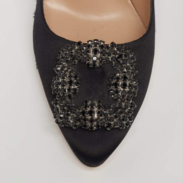 Pre Owned Manolo Blahnik Black Satin Embellished Hangisi Pumps Size 37