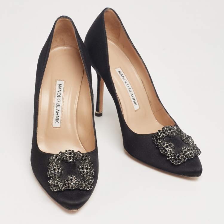 Pre Owned Manolo Blahnik Black Satin Embellished Hangisi Pumps Size 37