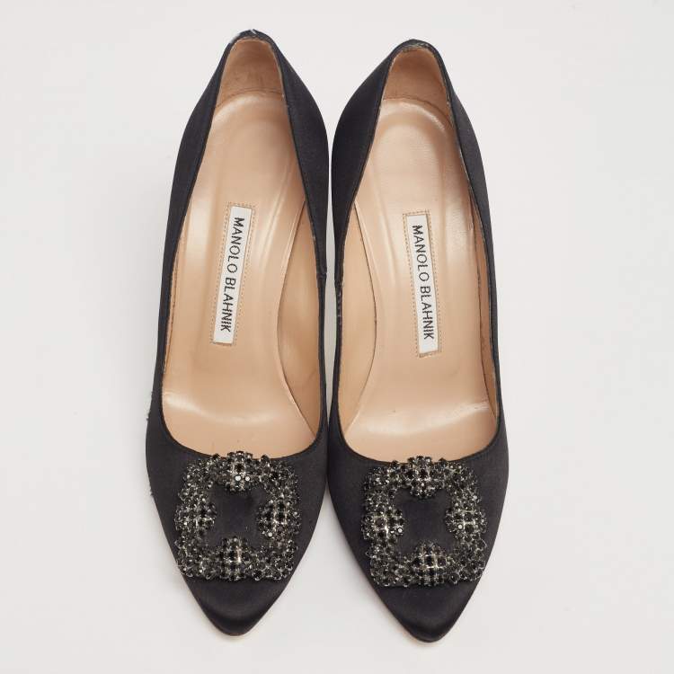 Pre Owned Manolo Blahnik Black Satin Embellished Hangisi Pumps Size 37