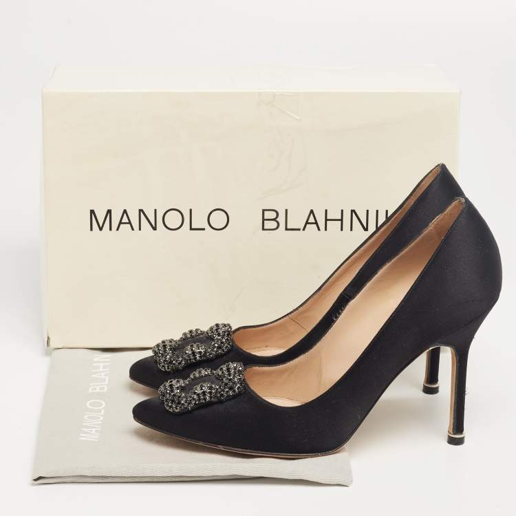 Pre Owned Manolo Blahnik Black Satin Embellished Hangisi Pumps Size 37