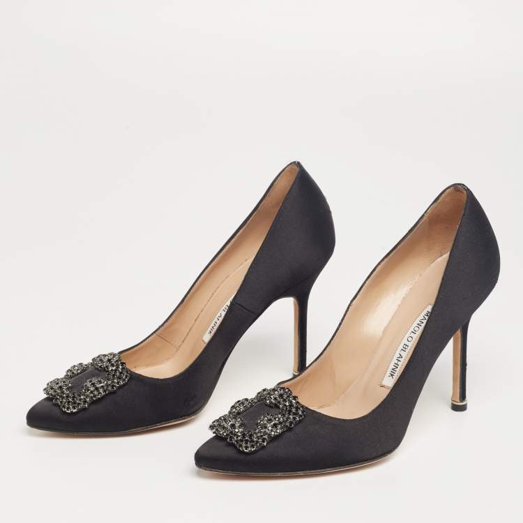 Pre Owned Manolo Blahnik Black Satin Embellished Hangisi Pumps Size 37
