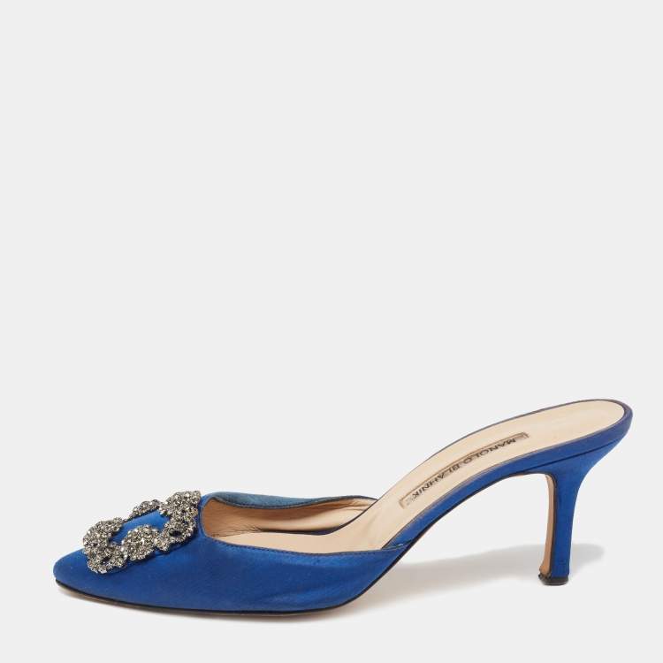 Pre Owned Manolo Blahnik  Blue Satin Hangisi  Mules Size 39