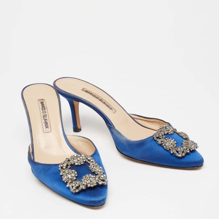 Pre Owned Manolo Blahnik  Blue Satin Hangisi  Mules Size 39