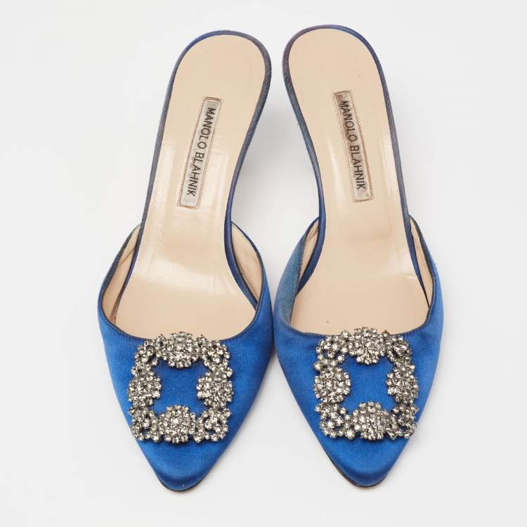Pre Owned Manolo Blahnik  Blue Satin Hangisi  Mules Size 39