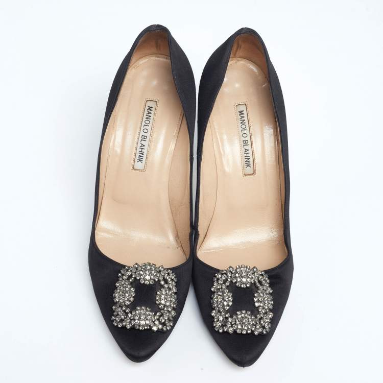 Pre Owned Manolo Blahnik Black Satin Hangisi Pumps Size 40