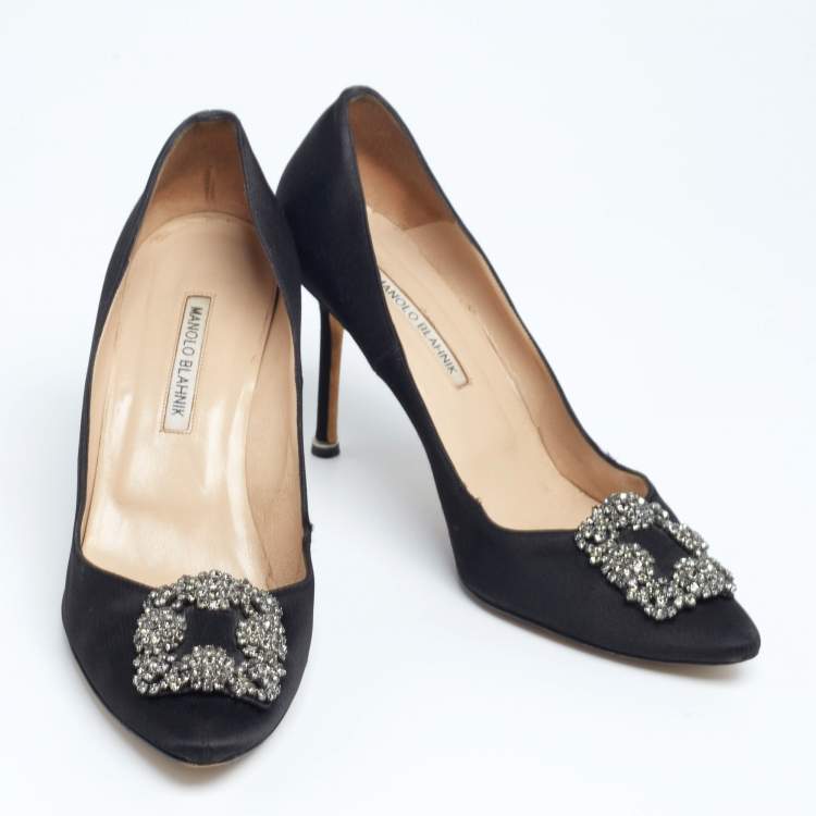 Pre Owned Manolo Blahnik Black Satin Hangisi Pumps Size 40