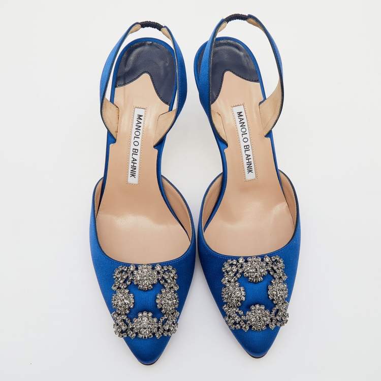Pre Owned Manolo Blahnik Blue Satin Hangisi Slingback Sandals Size 38.5