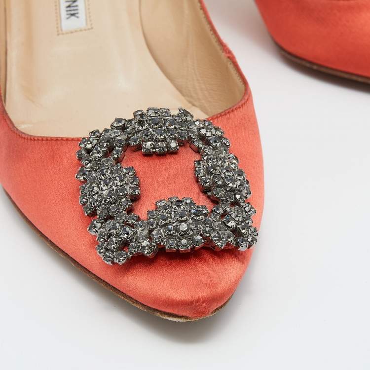 Pre Owned Manolo Blahnik Orange Satin Hangisi Pumps Size 37.5