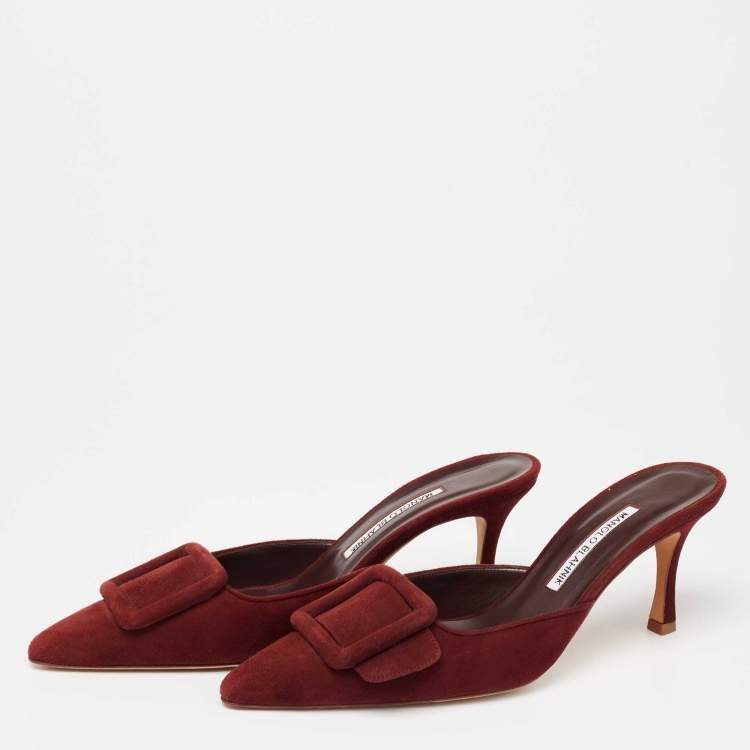Pre Owned Manolo Blahnik Burgundy Suede Maysale Mules Size 39
