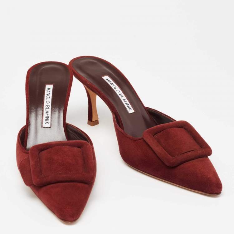 Pre Owned Manolo Blahnik Burgundy Suede Maysale Mules Size 39