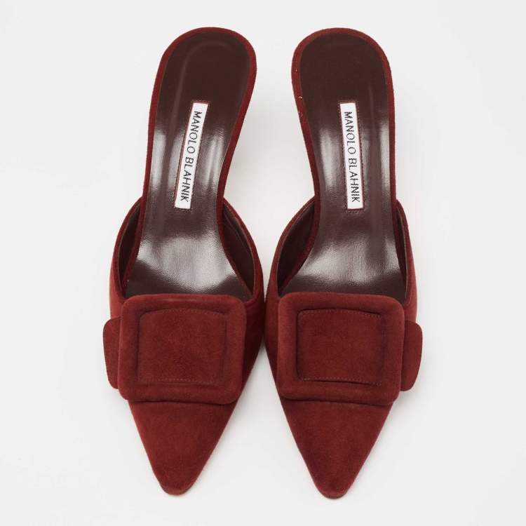 Pre Owned Manolo Blahnik Burgundy Suede Maysale Mules Size 39