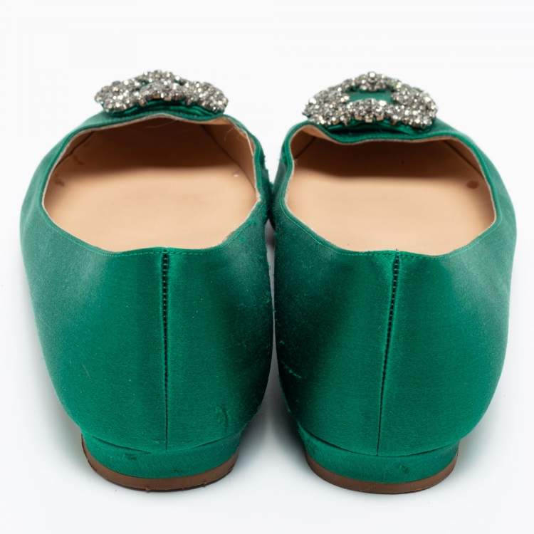 Pre Owned Manolo Blahnik Green  Satin Hangisi Ballet Flats Size 39.5