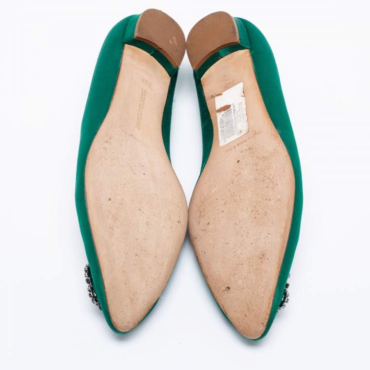 Pre Owned Manolo Blahnik Green  Satin Hangisi Ballet Flats Size 39.5