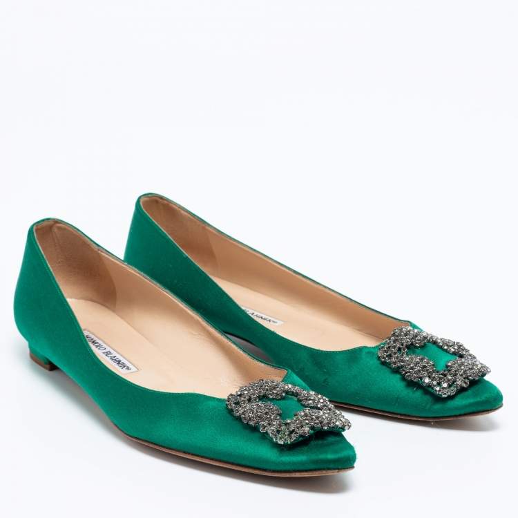 Pre Owned Manolo Blahnik Green  Satin Hangisi Ballet Flats Size 39.5