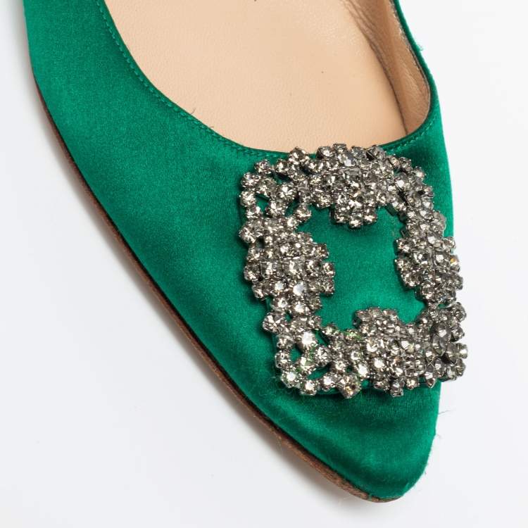 Pre Owned Manolo Blahnik Green  Satin Hangisi Ballet Flats Size 39.5