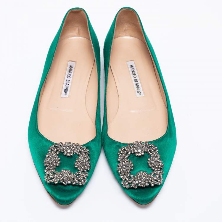 Pre Owned Manolo Blahnik Green  Satin Hangisi Ballet Flats Size 39.5