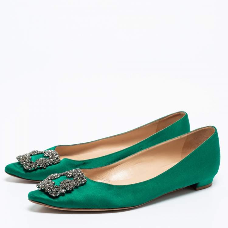 Pre Owned Manolo Blahnik Green  Satin Hangisi Ballet Flats Size 39.5