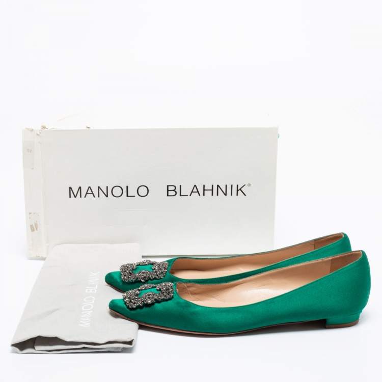 Pre Owned Manolo Blahnik Green  Satin Hangisi Ballet Flats Size 39.5