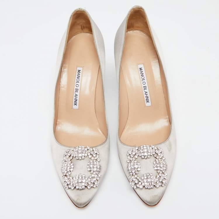 Pre Owned Manolo Blahnik Grey Satin Hangisi Crystal Embellished Pumps Size 38
