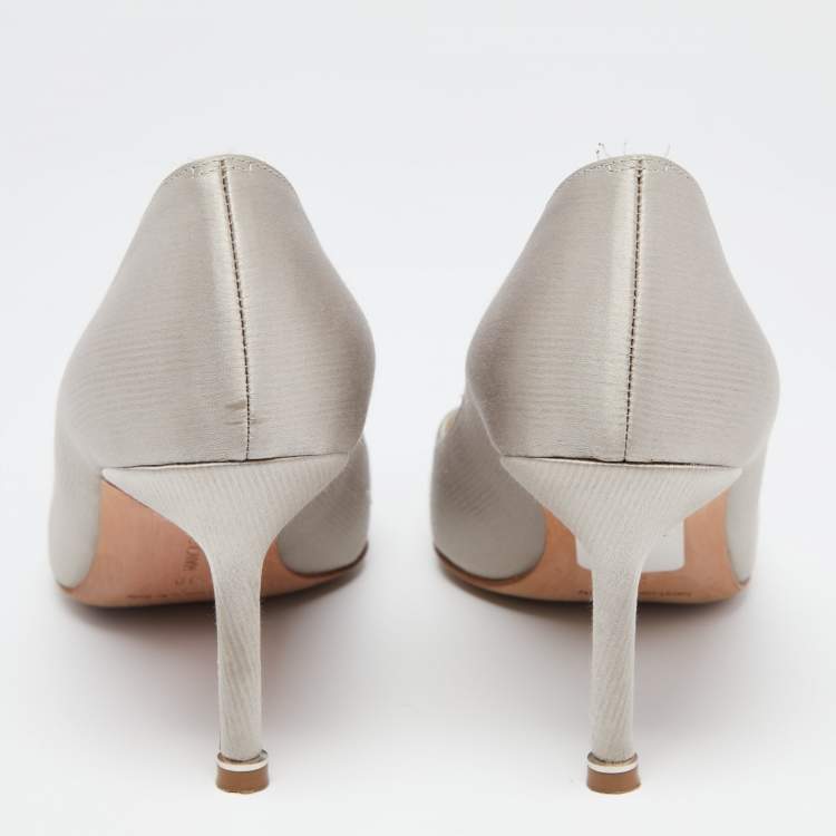 Pre Owned Manolo Blahnik Grey Satin Hangisi Crystal Embellished Pumps Size 38