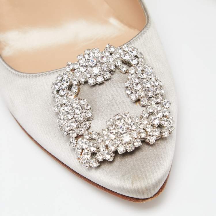 Pre Owned Manolo Blahnik Grey Satin Hangisi Crystal Embellished Pumps Size 38