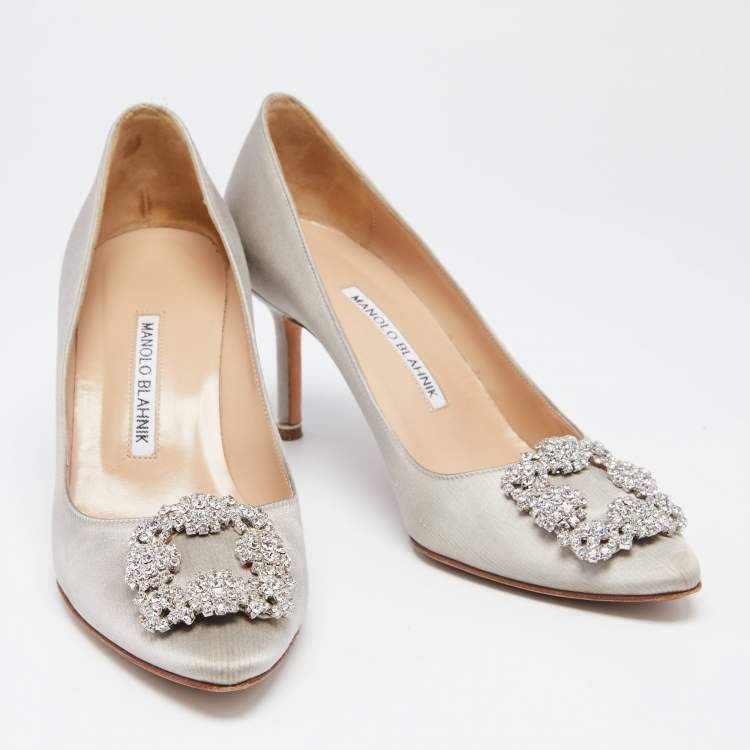 Pre Owned Manolo Blahnik Grey Satin Hangisi Crystal Embellished Pumps Size 38