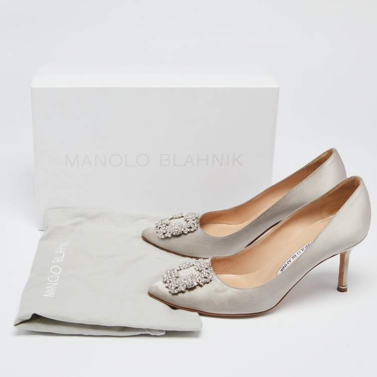 Pre Owned Manolo Blahnik Grey Satin Hangisi Crystal Embellished Pumps Size 38