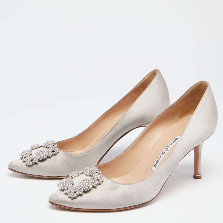 Manolo Blahnik Grey Satin Hangisi Crystal Embellished Pumps Size