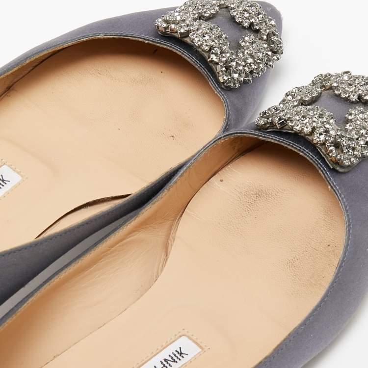 Pre Owned Manolo Blahnik Grey Satin Hangisi Embellished Ballet Flats 38.5