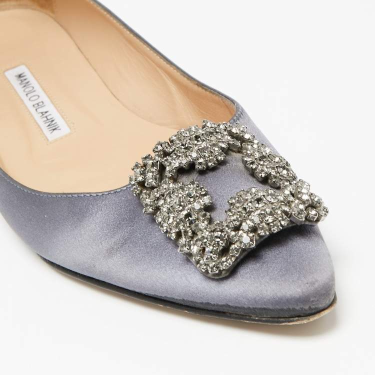 Pre Owned Manolo Blahnik Grey Satin Hangisi Embellished Ballet Flats 38.5
