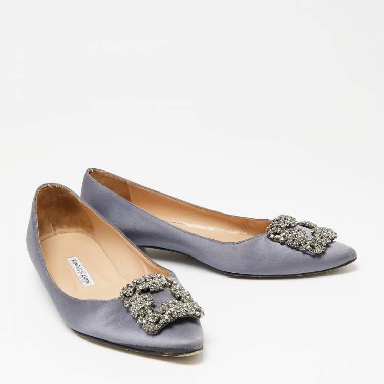 Pre Owned Manolo Blahnik Grey Satin Hangisi Embellished Ballet Flats 38.5