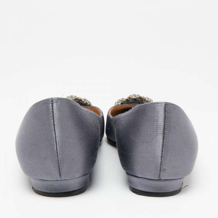Pre Owned Manolo Blahnik Grey Satin Hangisi Embellished Ballet Flats 38.5