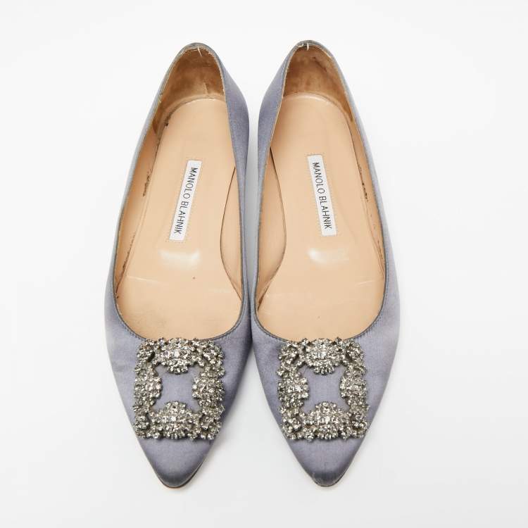 Pre Owned Manolo Blahnik Grey Satin Hangisi Embellished Ballet Flats 38.5