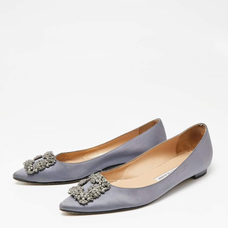 Pre Owned Manolo Blahnik Grey Satin Hangisi Embellished Ballet Flats 38.5