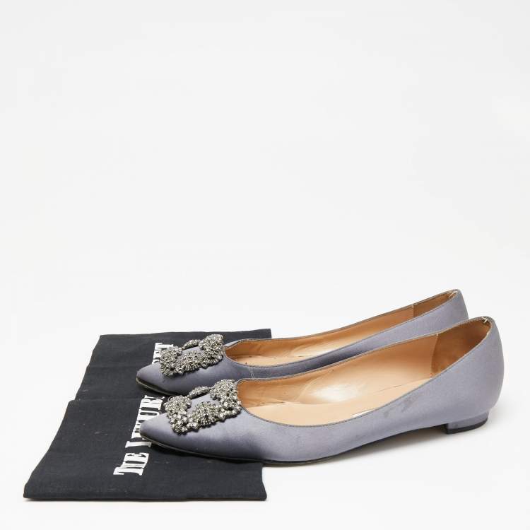 Pre Owned Manolo Blahnik Grey Satin Hangisi Embellished Ballet Flats 38.5