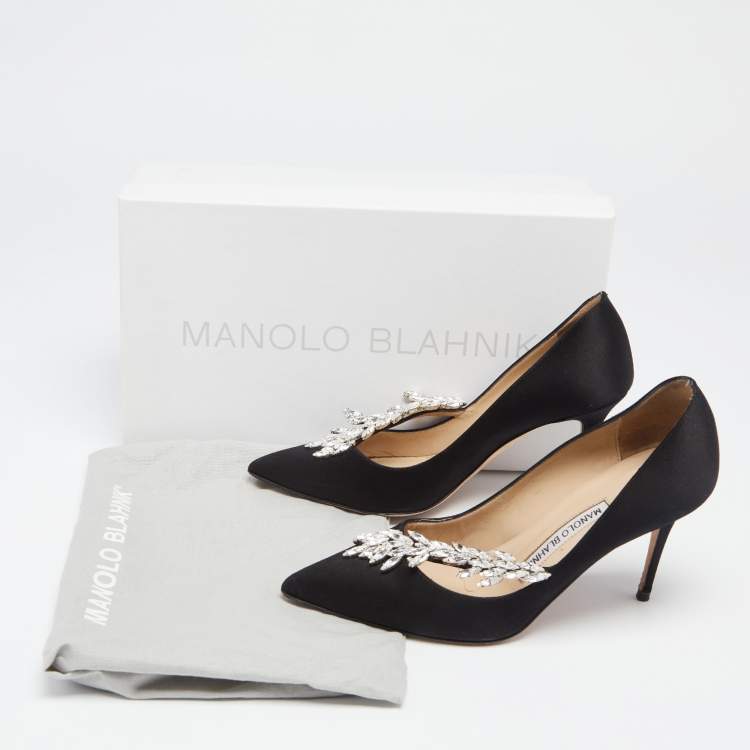 Pre Owned Manolo Blahnik Black Satin Jewel Nadira Pointed Toe Pumps Size 35