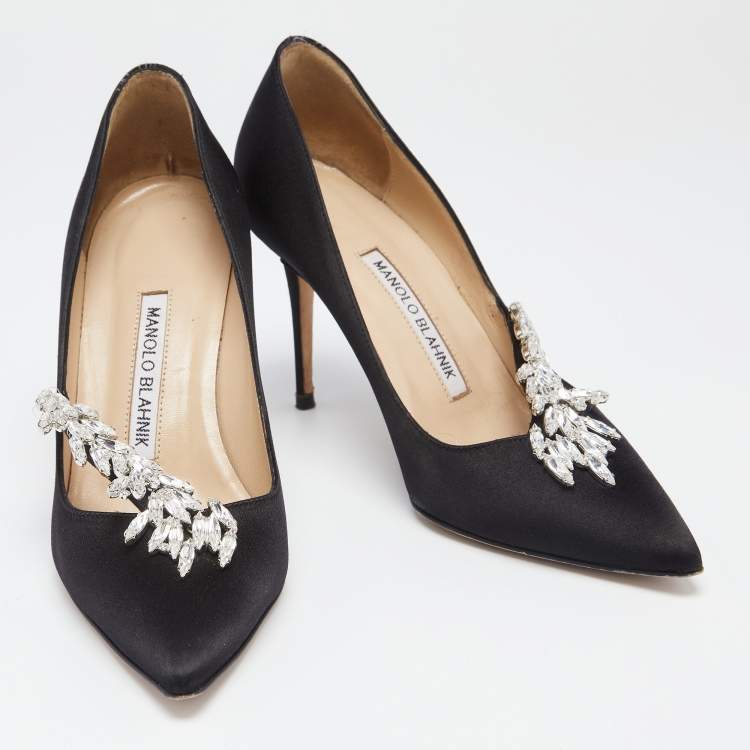 Pre Owned Manolo Blahnik Black Satin Jewel Nadira Pointed Toe Pumps Size 35