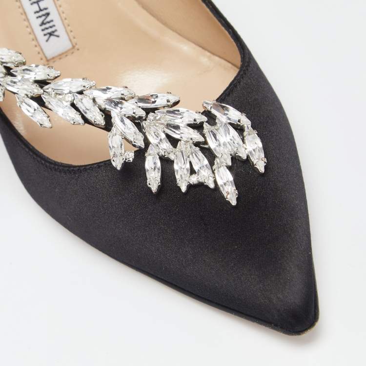 Pre Owned Manolo Blahnik Black Satin Jewel Nadira Pointed Toe Pumps Size 35