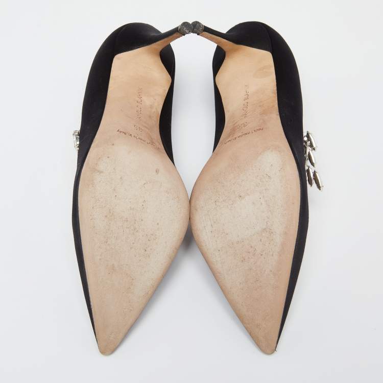 Pre Owned Manolo Blahnik Black Satin Jewel Nadira Pointed Toe Pumps Size 35