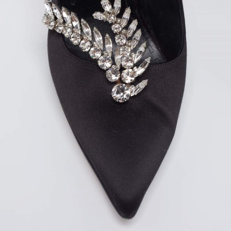 Pre Owned Manolo Blahnik Black Satin Jewel Embellished Shufti Pumps Size 41