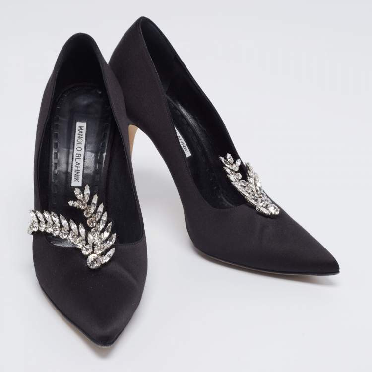 Pre Owned Manolo Blahnik Black Satin Jewel Embellished Shufti Pumps Size 41