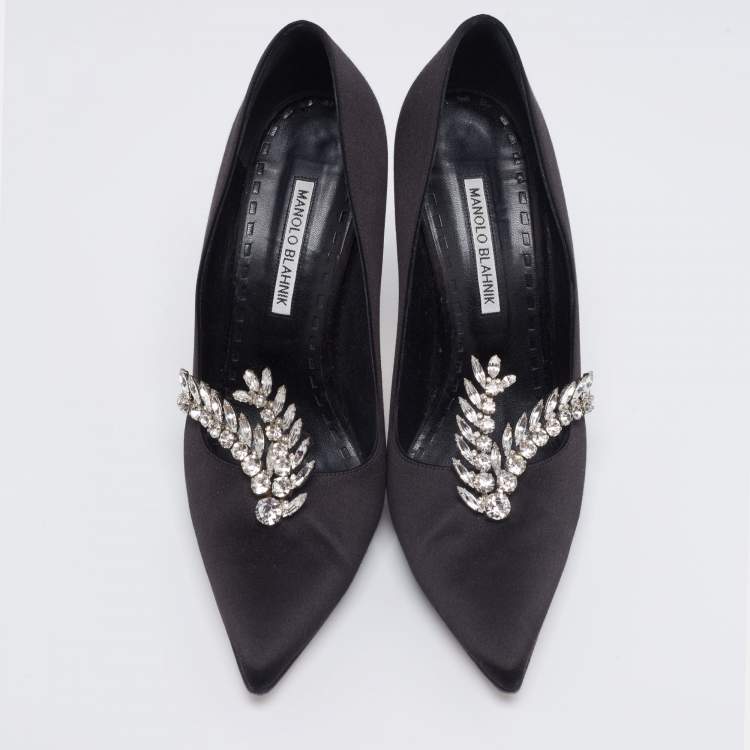 Pre Owned Manolo Blahnik Black Satin Jewel Embellished Shufti Pumps Size 41