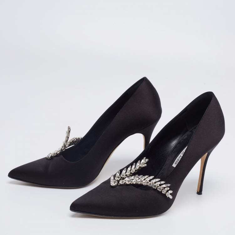 Pre Owned Manolo Blahnik Black Satin Jewel Embellished Shufti Pumps Size 41