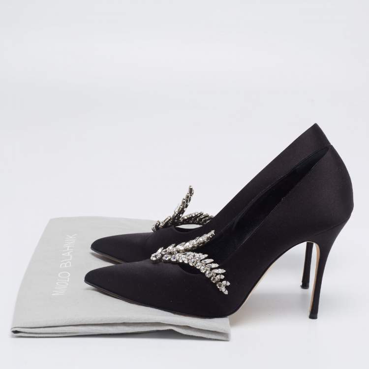 Pre Owned Manolo Blahnik Black Satin Jewel Embellished Shufti Pumps Size 41