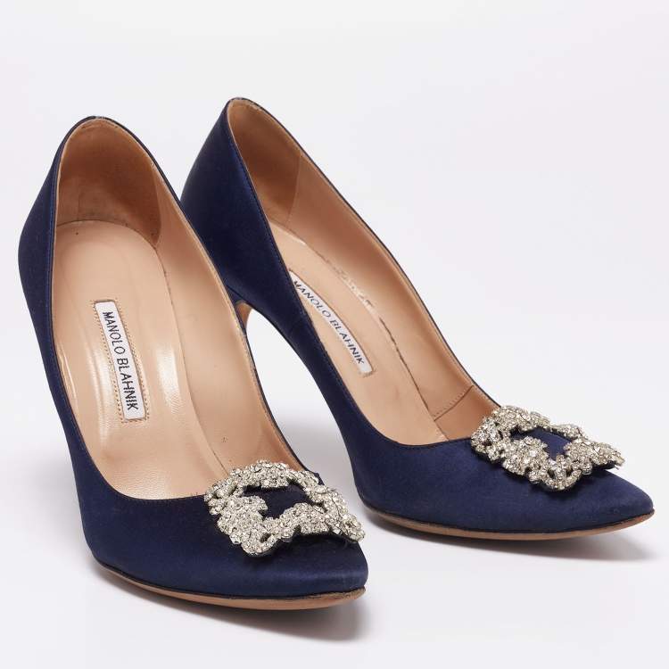 Pre Owned Manolo Blahnik Navy Blue Satin Hangisi Pumps Size 41